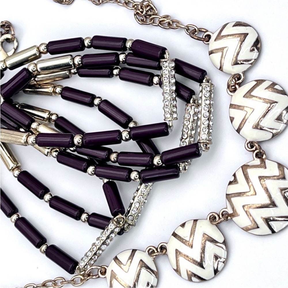 Cream+Gold Chevron Necklace & Rhinestones+Beads Stretchy Multi Strand Bracelet